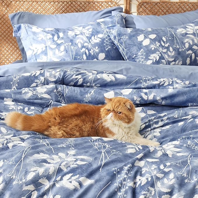 Bedsure Full Size Comforter Set - 7 Pieces Floral Blue Soft Bedding Sets, Full Bed in a Bag with Botanical Flowers Comforter, Sheets, Pillowcases & Shams