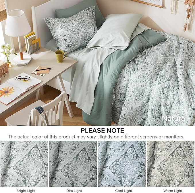 Comfort Spaces Bed in A Bag Comforter Set - Trendy Casual Design Twin XL Comforter with Complete Sheet Set with Side Pocket, All Season Comforter, Shams, Gloria, Twin XL Green 6 Piece