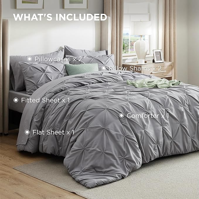 Bedsure Oversized King Comforter Set Grey - Bed in a Bag Bedding Set 7 Pieces, GentleSoft™ Pintuck Bed Set Gift for Family, Pinch Pleat Grey Comforter with Sheets, Pillowcases & Shams