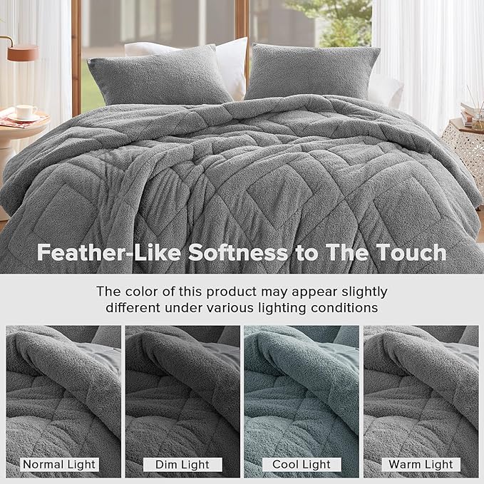 Comfort Spaces Queen Comforter Set Reversible Feather-Soft Plush Comforters for Queen Size Bed All Season Lightweight Shearling Fleece Sherpa Comforter Queen Size Bed Set, Full/Queen, Grey 3 Piece