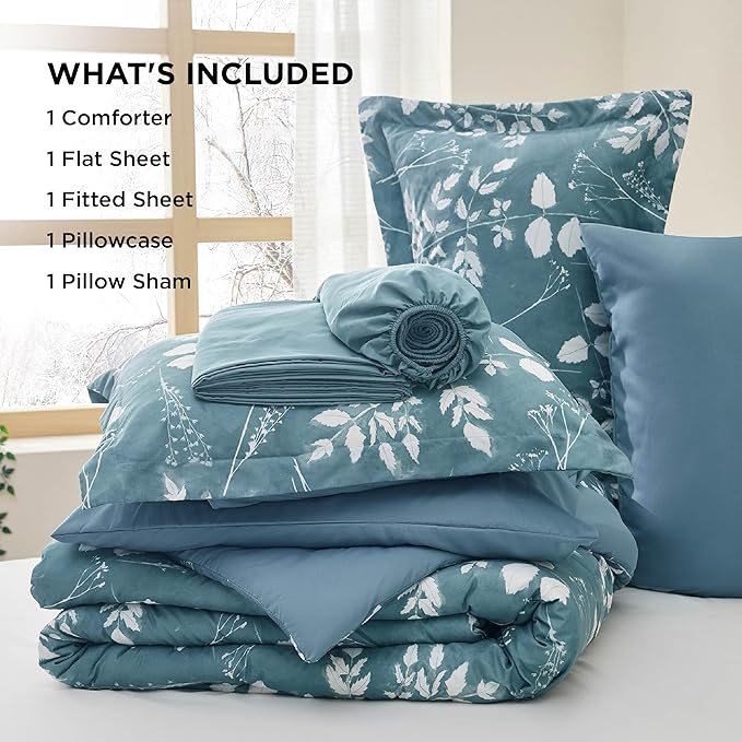 Bedsure Twin Comforter Set - 5 Pieces Floral Mineral Blue Soft Bedding Sets, Twin Bed in a Bag with Botanical Flowers Comforter, Sheets, Pillowcase & Sham