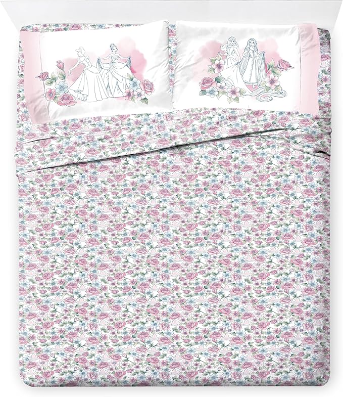 Jay Franco Kids Comforter Set Includes Sheets and Pillow Covers - Soft and Cozy Bed Set for Stylish Room Decor, Pink - Disney Princess, 7 Piece Queen Bedding