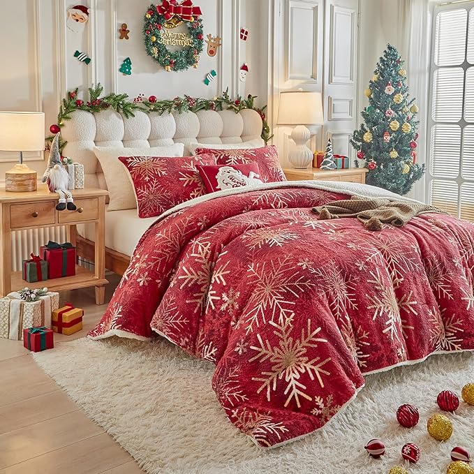 Christmas Sherpa Comforter Set Queen Size 3 Pieces Holiday Red Winter Bedding Microfiber Warm Fleece Comforter with 2 Pillow Shams - Thanksgiving New Year Gift Choice with Gradient Golden Snowflake