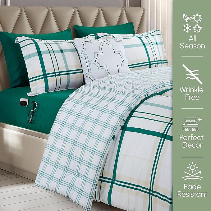 Elegant Comfort 8-Piece Lodge Plaid Reversible Comforter Set - All Season Bed in a Bag, 4-Piece Sheet Set Featuring Smart Pockets, Matching Shams and Decorative Pillow, Twin/Twin XL, Emerald Green