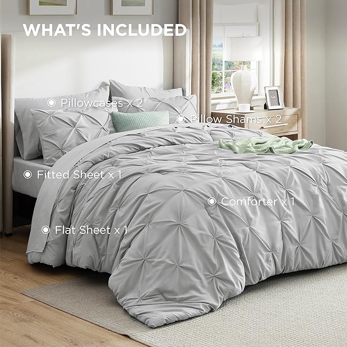Bedsure Full Size Comforter Sets - Bedding Sets Full 7 Pieces, Pintuck Bed in a Bag Light Grey Bed Set with Comforter, Sheets, Pillowcases & Shams