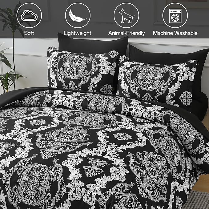 WONGS BEDDING 7 Pieces Comforter Set Queen Size, Black White Texture Bedding Set for All Season, Damask Soft and Breathable Bed in a Bag with Comforter, Flat Sheet, Fitted Sheet, Pillowcases & Shams
