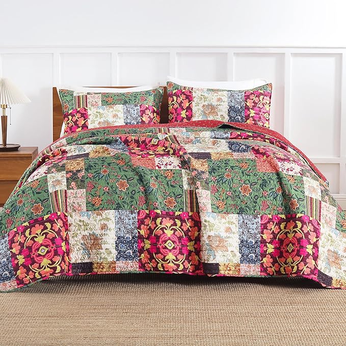 King Quilt Set for Bed - Patchwork Quilts King Size, Comforter Coverlet Bedspread Reversible 90"x104" with 2 Pillow Shams