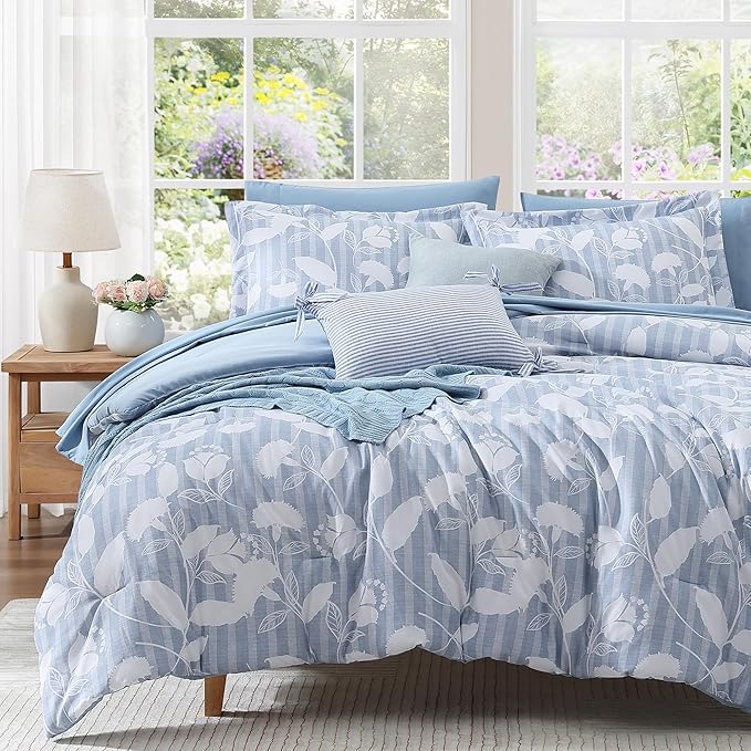 Full Comforter Set -7 Pieces Blue Floral Comforter Set for All Seasons, Bed in a Bag Full with Botanical Flowers Comforter, Sheets, Pillowcases & Shams