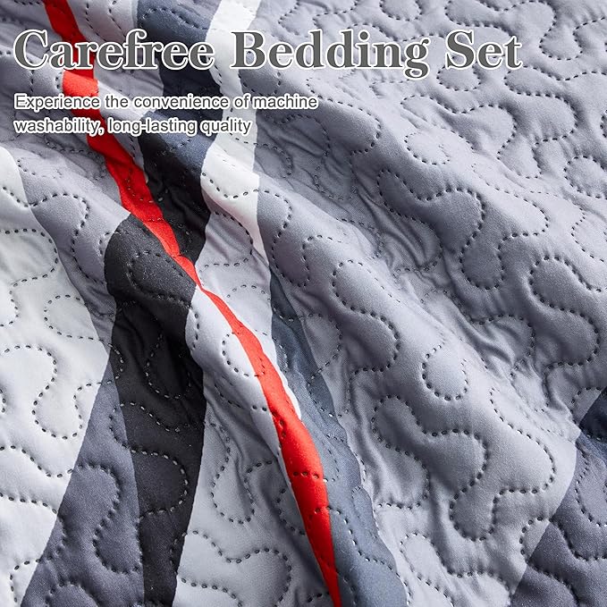 weesire Classic Line Pattern Bedding Quilt Twin Size Modern Grey Red and Black Stripe Quilt with Shams, Gray and Red Comforter Sets Lightweight Breathable Bedspreads Coverlet, 68''x86''