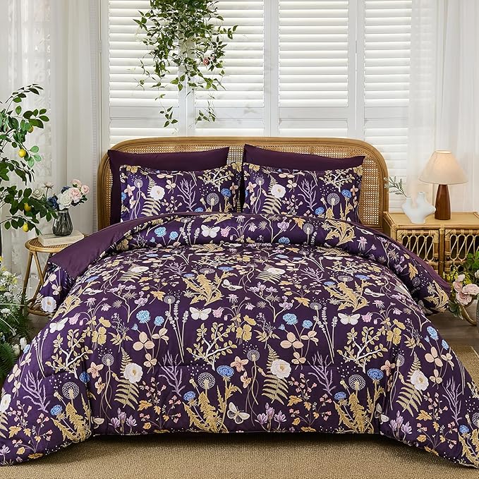 Yiran Purple Floral Comforter Set Queen Size, 7 Piece Botanical Comforter Bedding Set, Farmhouse Bed in a Bag, Soft Microfiber Complete Bedding Set with Sheets for All Season