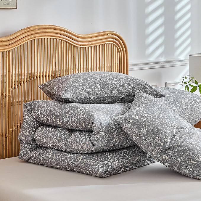 AMWAN Grey Floral Comforter Set Twin XL 3 Pieces, Botanical Bedding Set, 1 Comforter with 2 Pillowcases, Lightweight and Fluffy Comforter for Adults, Teens,All Seasons Aesthetic Comforter Set