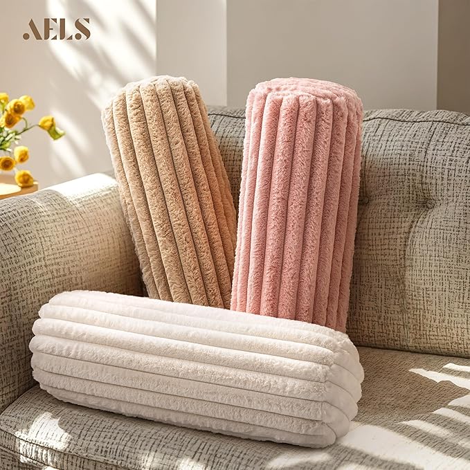 AELS Faux Fur Striped Cylinder Pillows Set of 2, 8" x 24" Decorative Modern Bolster Pillows with Removable Washable Cover & Insert, Body Pillow for Couch Bed, Living Room Bedroom Nursery Decor, White