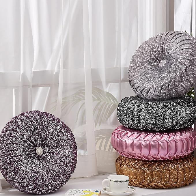 EUCIOR Round Throw Pillows,Grey Pillows,Gray and Silver Pillows,Grey Decorative Pillow,Pumpkin Pleated Handmade Gray Round Velvet Decorative Pillow for Sofa Bedroom Livingroom(Silver-Gray)