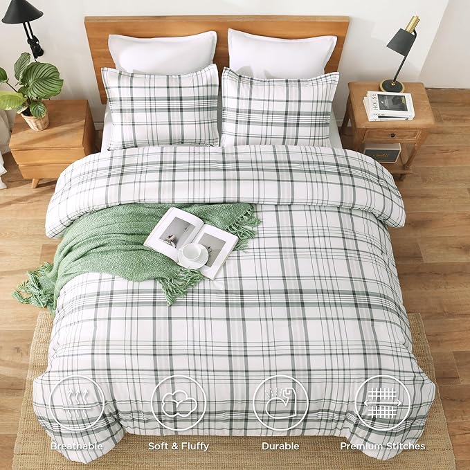Andency Green White Plaid Comforter Set Full(79x90Inch), 3 Pieces Preppy Grid Gingham Stripes Bedding Comforter Sets for Boys Girls Kids Teens, Green Line Soft Lightweight Geometric Reversible Bed Set