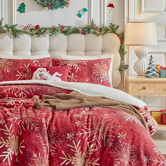 Christmas Sherpa Comforter Set Twin Size 3 Pieces Holiday Red Winter Bedding Microfiber Warm Fleece Comforter with 2 Pillow Shams - Thanksgiving New Year Gift Choice with Gradient Golden Snowflake