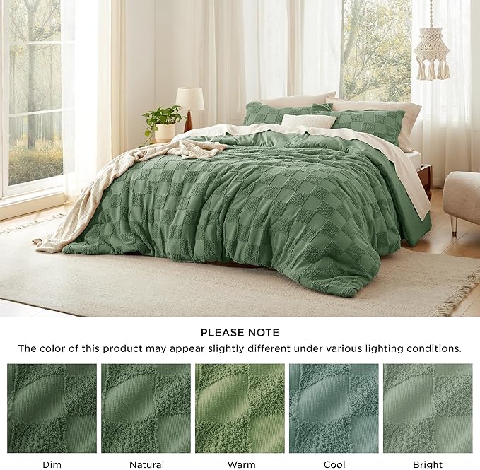 Bedsure King Size Comforter Set Green, Boho Tufted Bed Set, Checkered Farmhouse Shabby Chic Bedding, 3 Pieces, 1 Plaid Geometric Comforter and 2 Pillow Shams