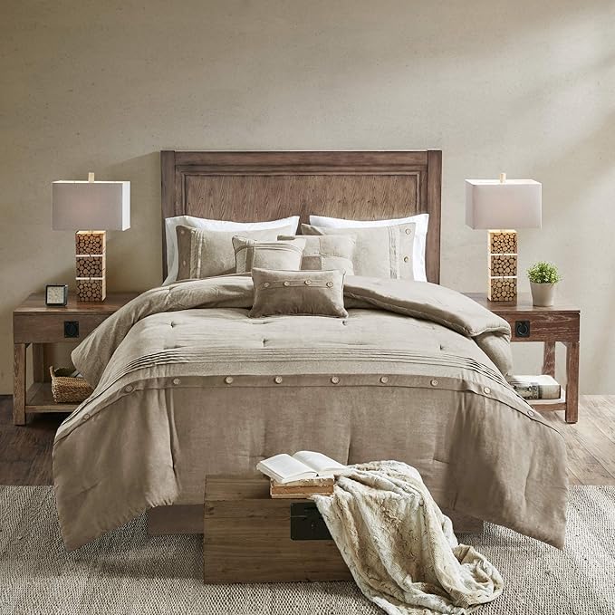 Madison Park Boone Cozy Comforter Set, Faux Suede, Deluxe Hotel Styling All Season Down Alternative Bedding Matching Shams, Decorative Pillow, California King (104 in x 92in), Rustic Tan 7 Piece