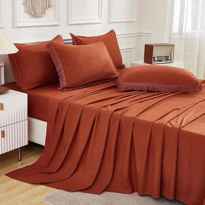 Andency California King Size Comforter Set with Sheets Brunt Orange - 7 Pieces Cal King Bed in a Bag Boho Bedding Sets, Terracotta Rust Bed Set with Comforter, Sheets, Pillowcases & Shams