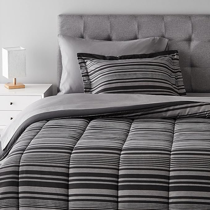 Amazon Basics 5-Piece Lightweight Microfiber Comforter Set with Sheets, Bed-in-a-Bag, Gray Calvin Striped Bedding, Twin/Twin XL