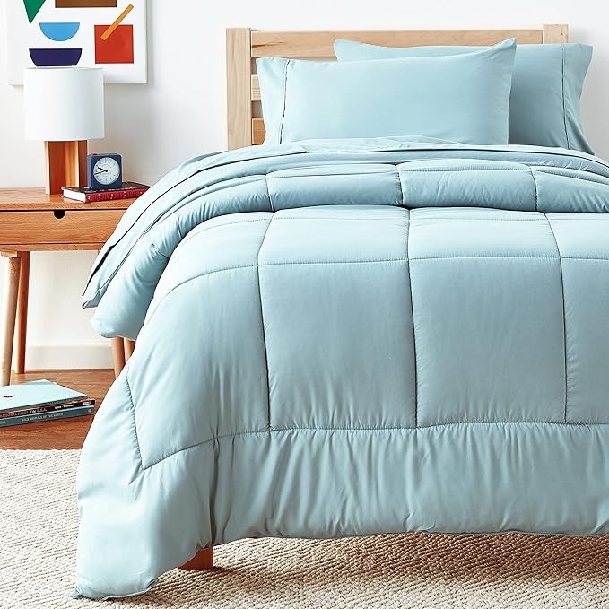 Sweet Home Collection 5 Piece Comforter Set Bag Solid Color All Season Soft Down Alternative Blanket & Luxurious Microfiber Bed Sheets, Misty Blue, Twin (Pack of 4)