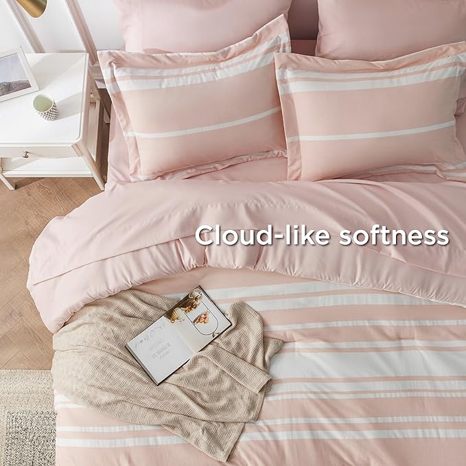 Bedsure Twin Comforter Set 5 Pieces, Light Pink Striped Bedding Set for All Seasons, Reversible, Cationic Dyeing Bed in a Bag with Comforter, Sheets, Pillowcase & Sham