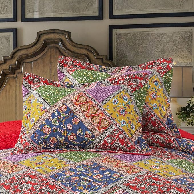 BEDIFANY Cotton King Quilt Set - Vintage Farmhouse Bedspread with Vibrant Floral Pattern, 3-Piece Lightweight Coverlet (98x106 Inch) + 2 Pillow Shams, All Seasons Multicolor Quilt Bedding Set