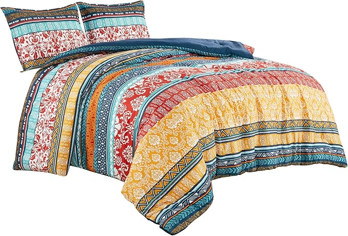 Chezmoi Collection Amara 3-Piece Boho Stripe Queen Comforter Set - Floral Colorful Bohemian Printed Microfiber Lightweight Bedding Set