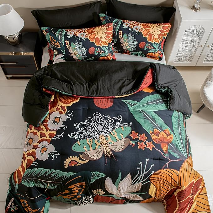 Black Boho Floral King Comforter Set - 3 Piece Farmhouse Botanical Bedding Comforter Sets for All Season Soft Lightweight Mid Century Modern Bed Set, (1 Reversible Comforter and 2 Pillow Shams