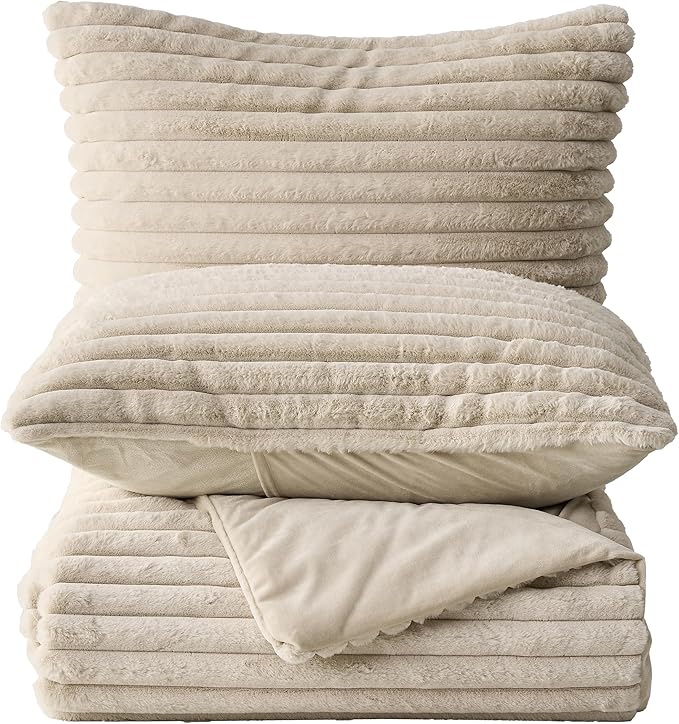 Simple&Opulence Fluffy Faux Fur Comforter Set, Plush Fuzzy Minky Bedding Set, 3 Pieces Warm Soft Comforter Bedding Set for Winter - 1 Shaggy Comforter with 2 Pillow Shams(King, Striped - Khaki)