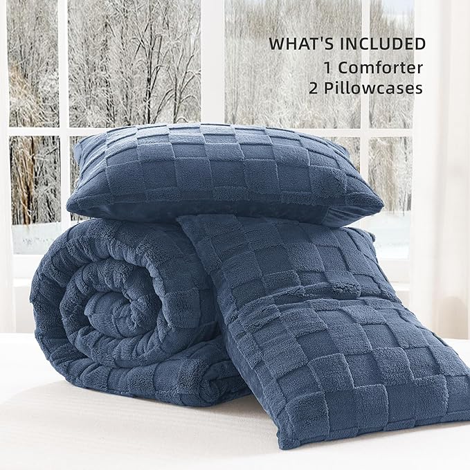 Litanika Fluffy Queen Size Comforter Set Ocean Blue, 3 Pieces Warm Sherpa Fleece Winter Bedding Set, Jacquard Checkered Plush Fuzzy Bed Set(1 Comforter, 2 Pillowcases)