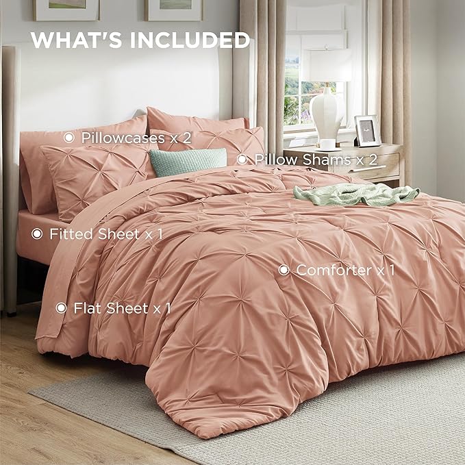 Bedsure California King Comforter Set Dusty Pink - Bed in a Bag California King 7 Pieces, GentleSoft™ Pintuck Bed Set Gift for Family, Pinch Pleat Dusty Pink Comforter with Sheets, Pillowcases & Shams