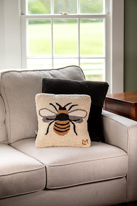 Chandler 4 Corners Artist-Designed Lone Bee Hand-Hooked Wool Decorative Throw Pillow (14 in x 14 in) Farm & Garden Pillow for Couches & Beds - Low Maintenance Nature Bumble Bee, Honey Bee Home Décor