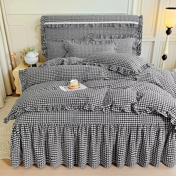 mixinni Vintage Black Gingham Ruffle Comforter Set 3-Piece Washed Cotton King Size Grid Bedding Set with Geometric Checkered Pattern, Farmhouse Chic Soft Fluffy Comforter for All-Season