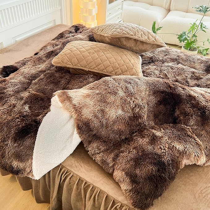 Luxury Faux Fur Shaggy Comforter Set Twin Size, Plush & Sherpa Reversible Comforter Tie Dye Coffee, 3 Pieces Fluffy Fuzzy Bedding Set Ultra Soft and Warm for Winter (1 Comforter + 2 Pillowcases)