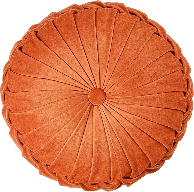 ROSE&RISY Round Pleated Hand-Stitched Velvet Throw Pillow, 1 Pcs Decorative Accent Pumpkin Pillow Cushion for Couch Sofa Chair Bed Car Home Decor (14.5 Inch, Orange)