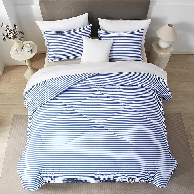 mixinni Striped Comforter Set Queen Size - Blue Stripes Pattern Bed Set for All Season, 3 Pieces Lightweight Bedding Comforter Sets for All Seasons (1 Soft Fluffy Comforter + 2 Pillowcases)