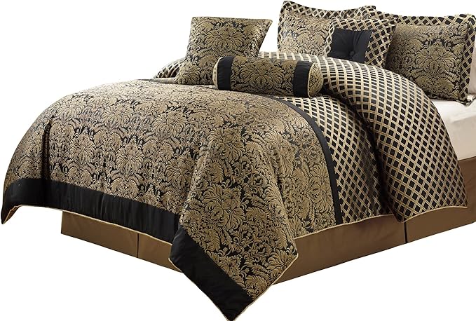 Chezmoi Collection 7-Piece Black/Gold Diamond Floral Medallion Jacquard Woven Comforter Set, Queen