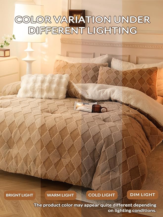 Tufted Fleece Comforter Set King - Super Soft Warm Fluffy Shaggy Bedding Sets, Diamond Plaid Jacquard Bed Set for Winter, 1 Sherpa Comforter with 2 Pillow Cases (104"X90" Beige)