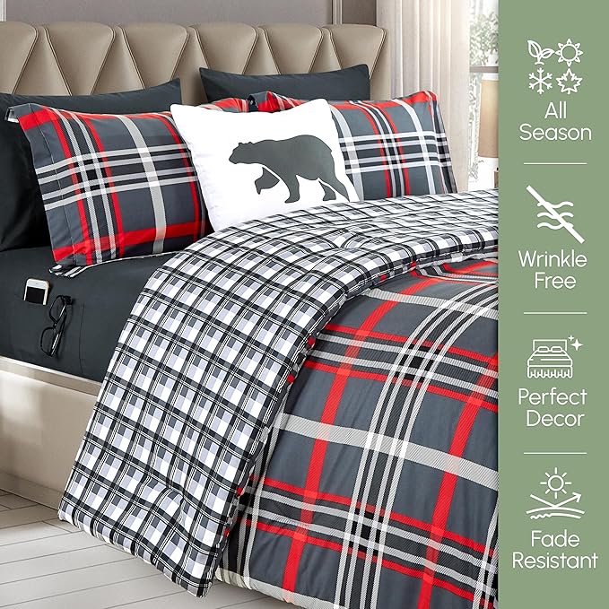 Elegant Comfort 8-Piece Lodge Plaid Reversible Comforter Set - All Season Bed in a Bag, 4-Piece Sheet Set Featuring Smart Pockets, Matching Shams and Decorative Pillow, Twin/Twin XL, Gray
