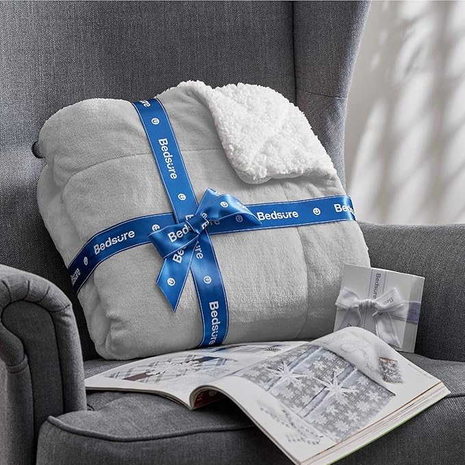 Bedsure GentleSoft Sherpa Fleece Blankets King Size for Bed - Thick and Warm Throw for Women and Men, Soft Fuzzy Plush King Blanket for Winter, Non-Heated, Light Grey, 108x90 Inches