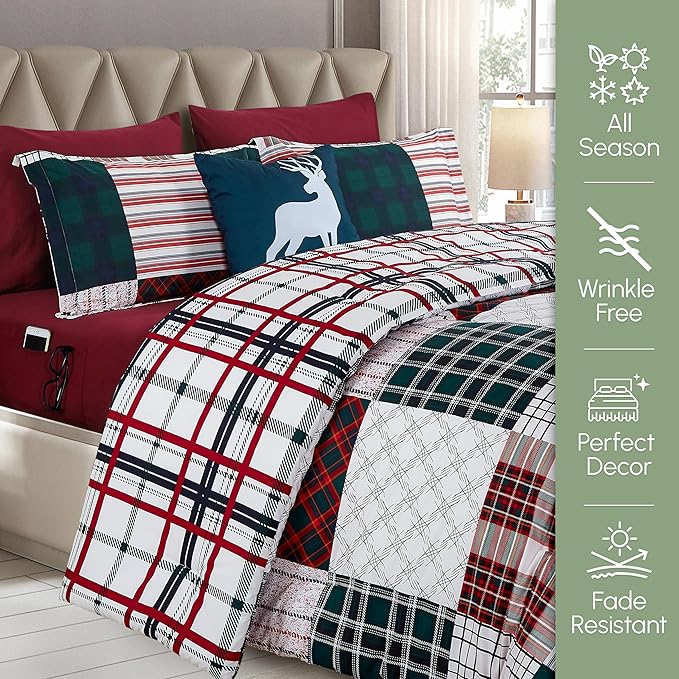 Elegant Comfort 8-Piece Cabin Lodge Patch Reversible Comforter Set - All Season Bed in a Bag, 4-Piece Sheet Set Featuring Smart Pockets, Matching Shams and Decorative Pillow, Twin/Twin XL, Burgundy
