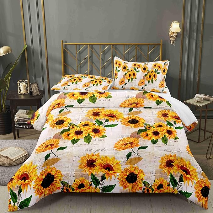 Watercolor Sunflower Comforter Set with 2 Pillowcases King Size Spring Floral Quilt Bedding Set with 1 Comforter and 2 Pillow Covers for Bedroom Dormroom All Season