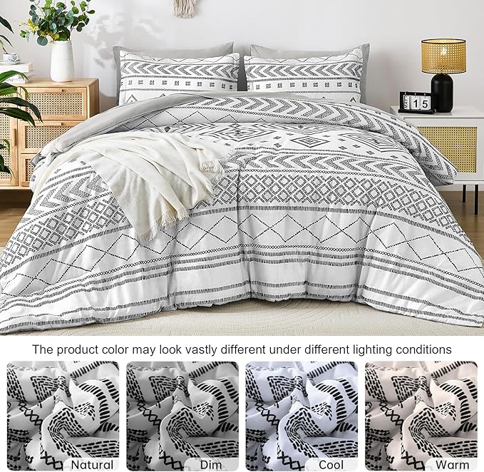 Yiran White Comforter Set Queen Size, 7 Piece Boho Aztec Bedding Set, Bohemian Bed in a Bag Queen, Soft Microfiber Striped Complete Bedding Set with Sheets for All Season