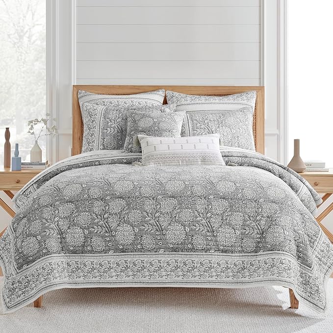 Levtex Home – Adare Grey Decorative Pillow – 18x18in – Feather Filled Throw Pillow – Floral Pattern – Grey and White – Zipper Closure