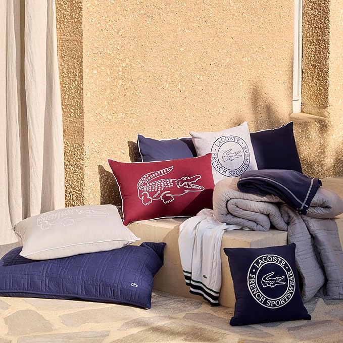 Lacoste Sportswear Decorative Pillow – 16" x 16" Square Throw Pillow for Bed Sofa Couch, Embroidered Crocodile Logo, Ultra Soft Sweatshirt Knit Cotton and Polyester Blend, Machine Washable, Navy