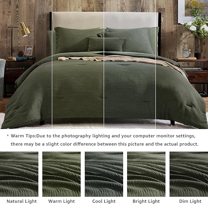 Geniospin Oversized King Comforter Set - 7 Pieces Comforter Oversized King, Soft Solid Bedding Set for All Season, Textured Bed in a Bag with Sheets, Pillowcases & Shams (Dark Green, 120''x98'')