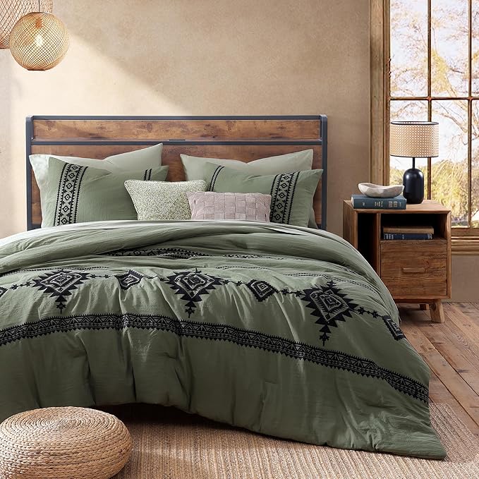MaiRêve Embroidery Comforter Set, Boho Farmhouse Western Bedding Set, All Season Bed in A Bag Comforter Set with Sheets, Pillowcases & Shams, Olive Green Full 7 Pieces