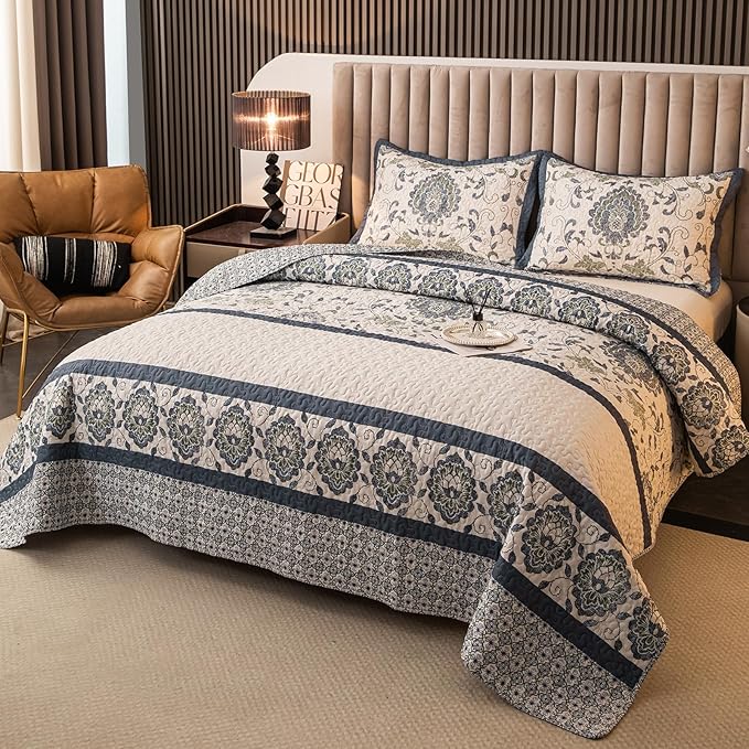 Bohemian Queen Size Quilt Comforter Sets 3 Pieces Quilts (1 Quilt, 2 Pillow Shams) Nordic Bedding Set Printed Coverlet with Pillowcase Lightweight Bedspread Set for All Seasons(Dark Blue)