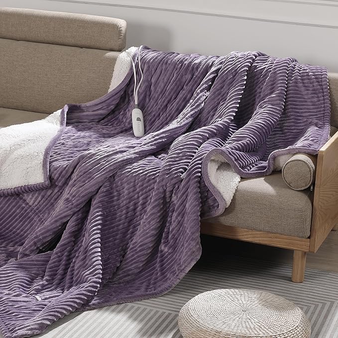 Electric Throw Heated Throw 50''x60'', Striped Flannel & Thicker Sherpa, 5 Heat Settings & 4 Hour Auto Off with FCC/ETL Certified, Overheat Protection & Machine Washable, Great Gift, Lavender Purple