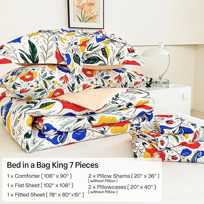 Floral King Comforter Set with Sheets, 7 Piece Luxury Vintage Bedding, Soft Microfiber Bed in a Bag, Cozy Lightweight Bed Set, Blue Orange Flower